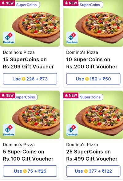 Supercoins - Get Dominos 100gv at 75% off and 5 supercoins as cashback