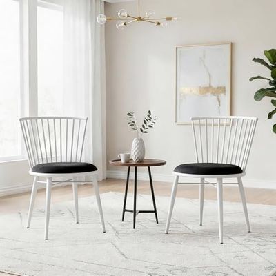 Solimo Set of 2 White Rustic Finish Iron Chairs with Plush Cushioned Seating