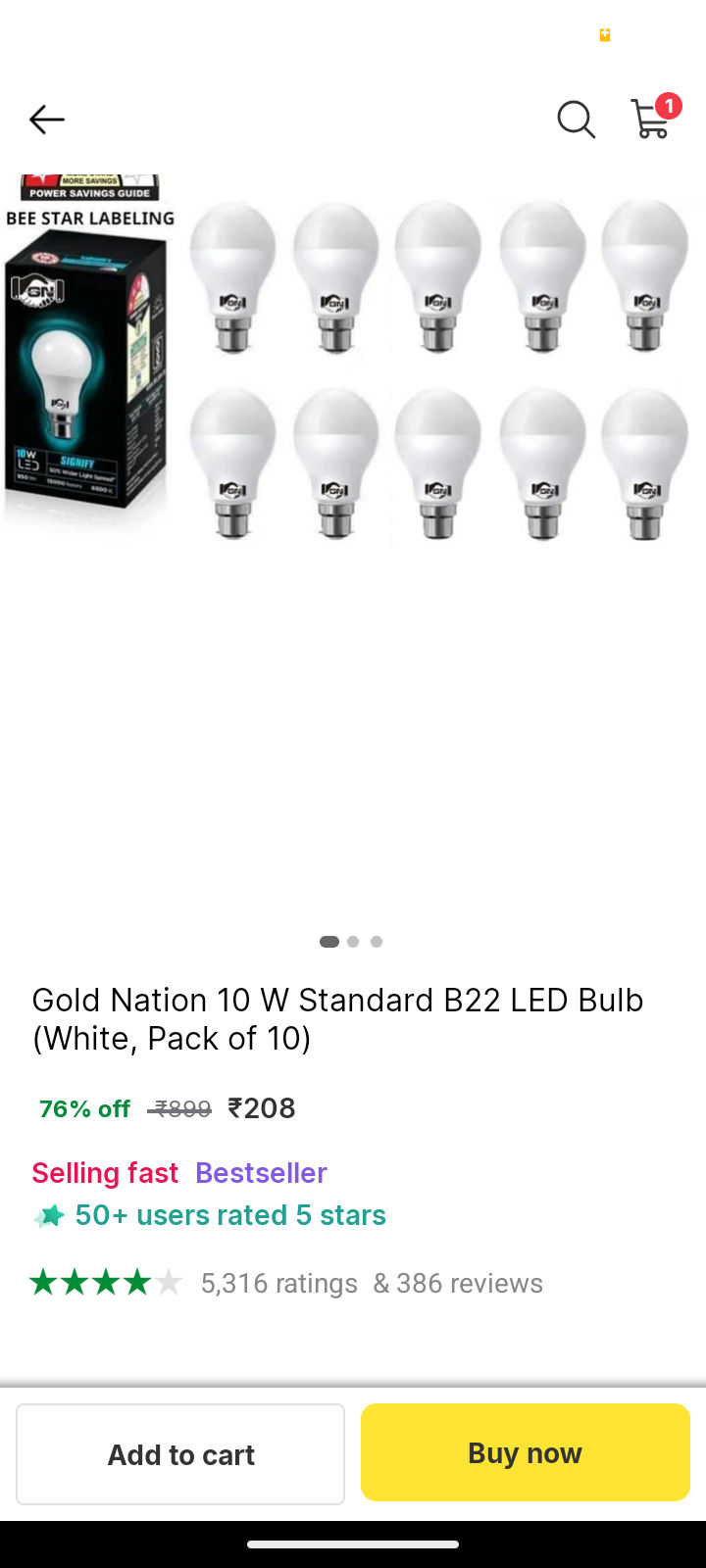 Gold Nation 10 W Standard B22 LED Bulb pack of 10
