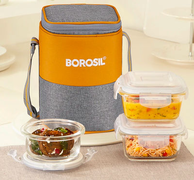 Borosil Zest Borosilicate Glass Lunchbox, 3pc Set (320ml x 2 + 240ml x 1), Office Tiffin 3 Containers Glass Office Lunch Box on Flipkart