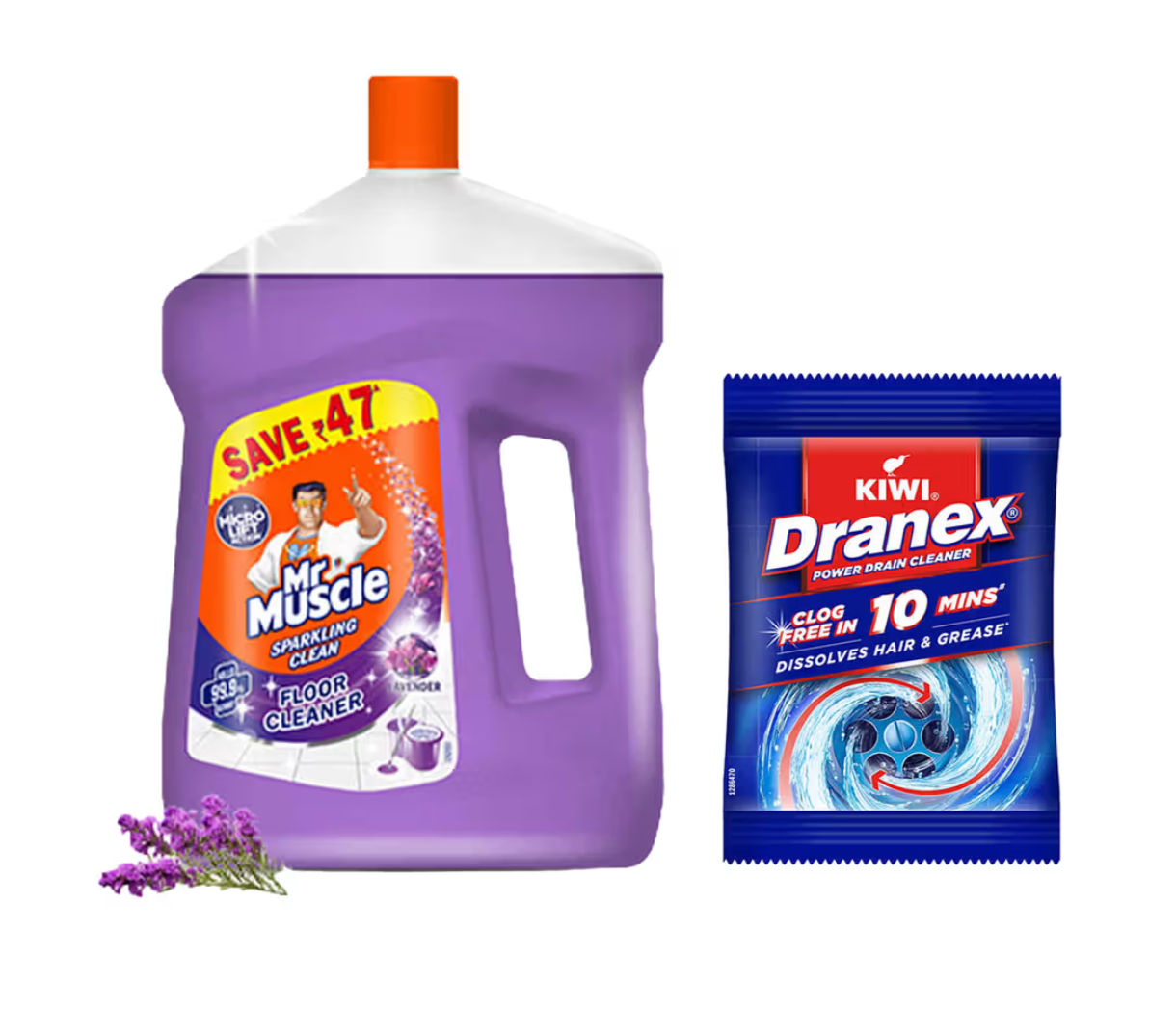 Zepto - Mr. Muscle Kiwi Dranex Drain Cleaner Powder | Removes Clogs, Blockages In Just 30 Minutes (50g) & Mr. Muscle Lavender Floor Cleaner (2L) Combo