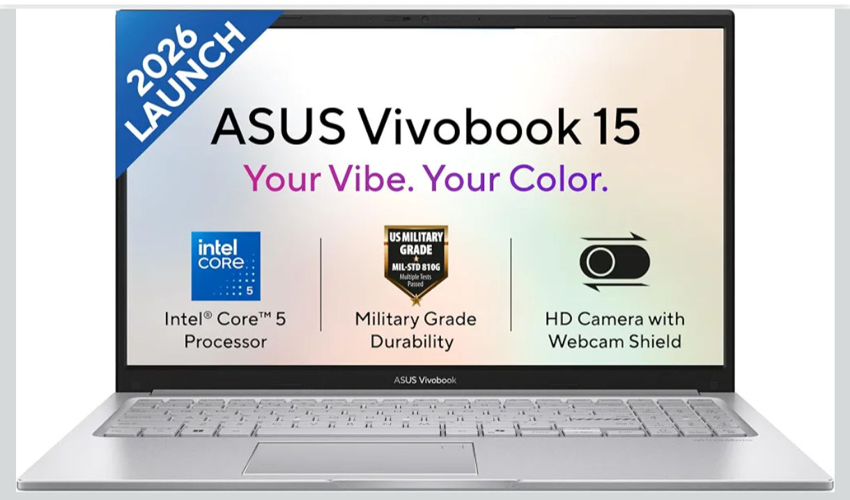 ASUS Vivobook 15 (2026),Intel Core 5 120U,(i5-14th Gen),Fingerprint Sensor,8GB RAM,512GB SSD,FHD,15.6"(39.6 cm),Win 11,M365 Basic(1Y),Office 24,Cool Silver,1.7 Kg,X1504VAP-IN011WS,Thin & Light Laptop