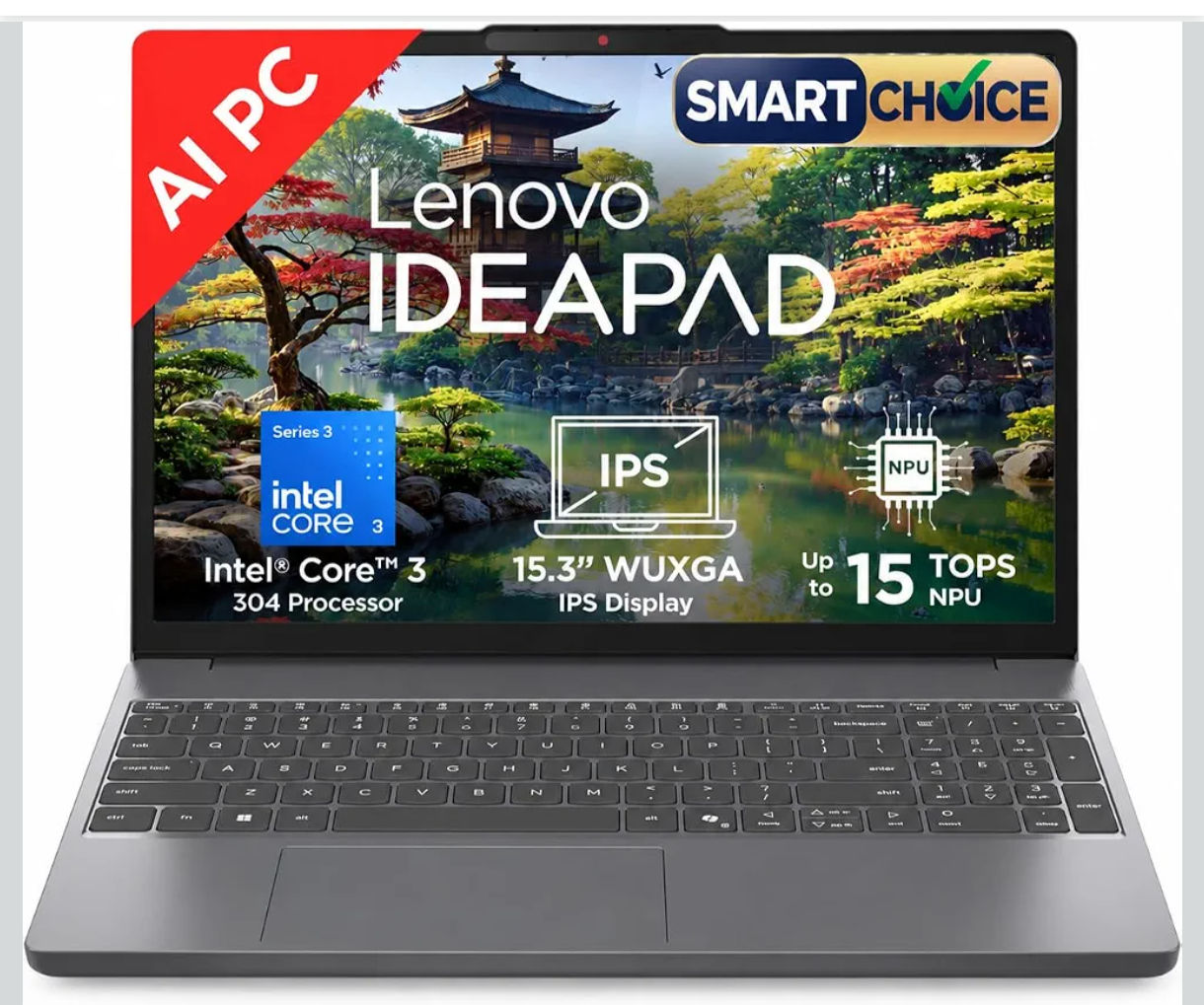Lenovo IdeaPad Slim 3 Smartchoice (2026) Intel Core 3 304 AI PC (8GB RAM/512GB SSD/15.3" (38.35cm)/WUXGA IPS/FHD+IR Camera/Windows 11/MSO 365 Basic+Office 2024/Grey/1.6Kg), 83RR00TWIN