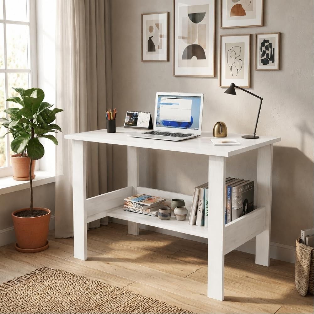 Amazon Brand - Solimo Study Table | Engineered Wood Computer Desk with Storage Shelf | Laptop & Writing Desk for Home Office & Students | White | L 90 x W 50 x H 77 cm