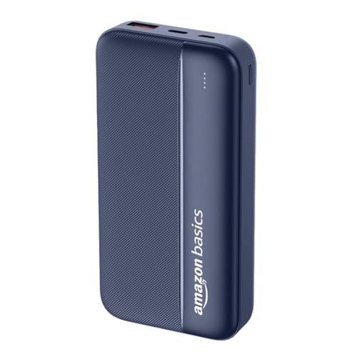 Amazon Basics 20000 mAh Power Bank | 22.5W Fast Charging | Dual Output & Input | Charge 3 Devices Simultaneously | for Smartphones, TWS Earbuds, Speakers, Tablets (Dark Blue), Micro USB Input