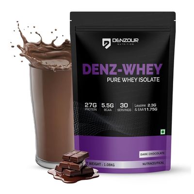 Buy 1 Get 1 Free DENZOUR NUTRITION Denz Whey Isolate Protein Powder for Men & Women | 27g Protein + 5.5g BCAA per Scoop | Fast Absorbing, Easy to Digest | Dark Chocolate Flavour | 1.08 kg, 30 Servings