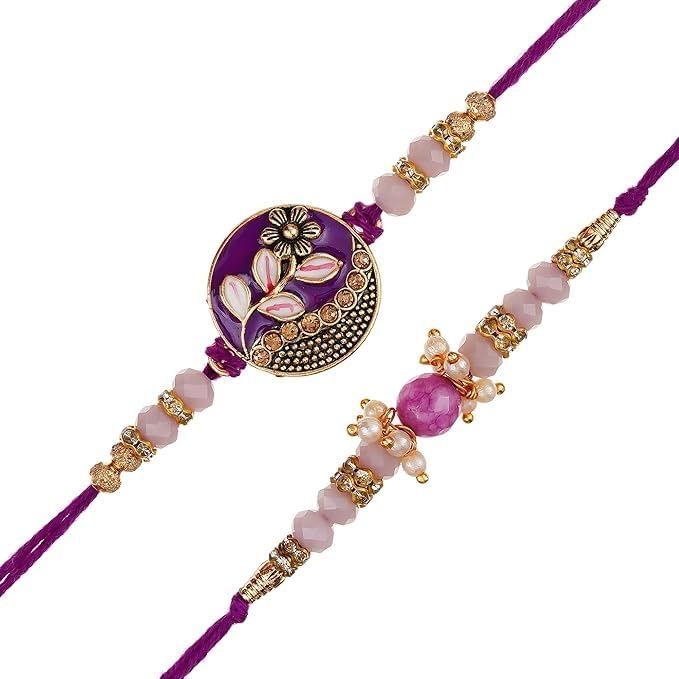 eCraftIndia Purple Floral Pearl Designer Rakhi Set of 2 | Roli Chawal | Best Bro Fridge Magnet