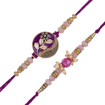 eCraftIndia Purple Floral Pearl Designer Rakhi Set of 2 | Roli Chawal | Best Bro Fridge Magnet