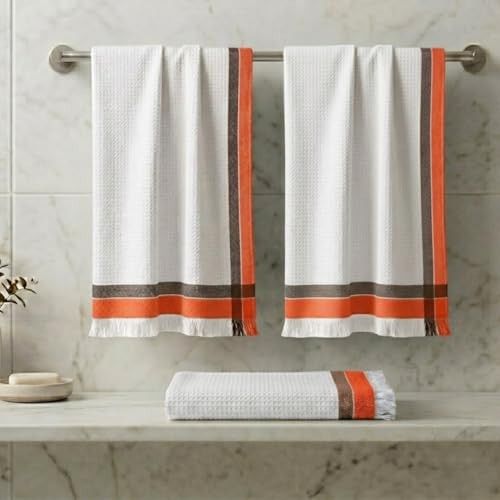 Athom Living Light Weight Cotton Premium Waffle Border Bath Towel 75x150 cm Pack of 3
