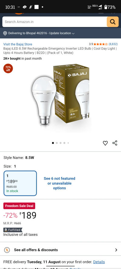 bajaj 8.5 watt inverter led emergency bulb