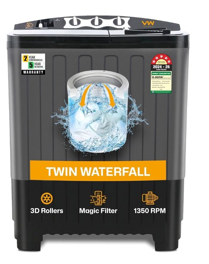 VW Visio World 7.5 kg 5 Star Aqua Spin Semi Automatic Top Load Washing Machine Aqua-Spin0075P (Black)