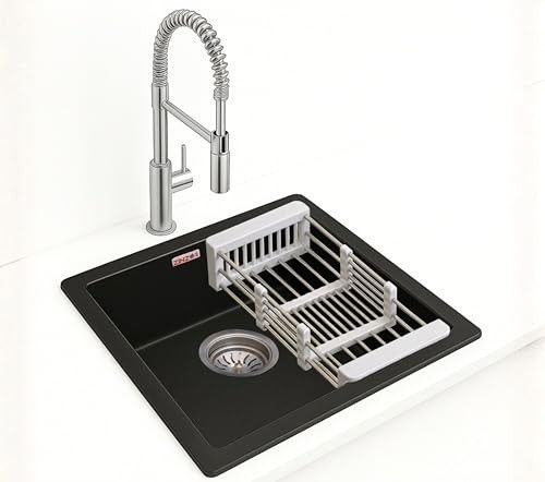 Granite Quartz Kitchen Sink (16x18x8, Midnight Black) | Undermount, Topmount & Flushmount Single Bowl | UV Protected, Scratch & Heat Resistant, 10 Year Warranty | With Coupling, Pipe & Basket