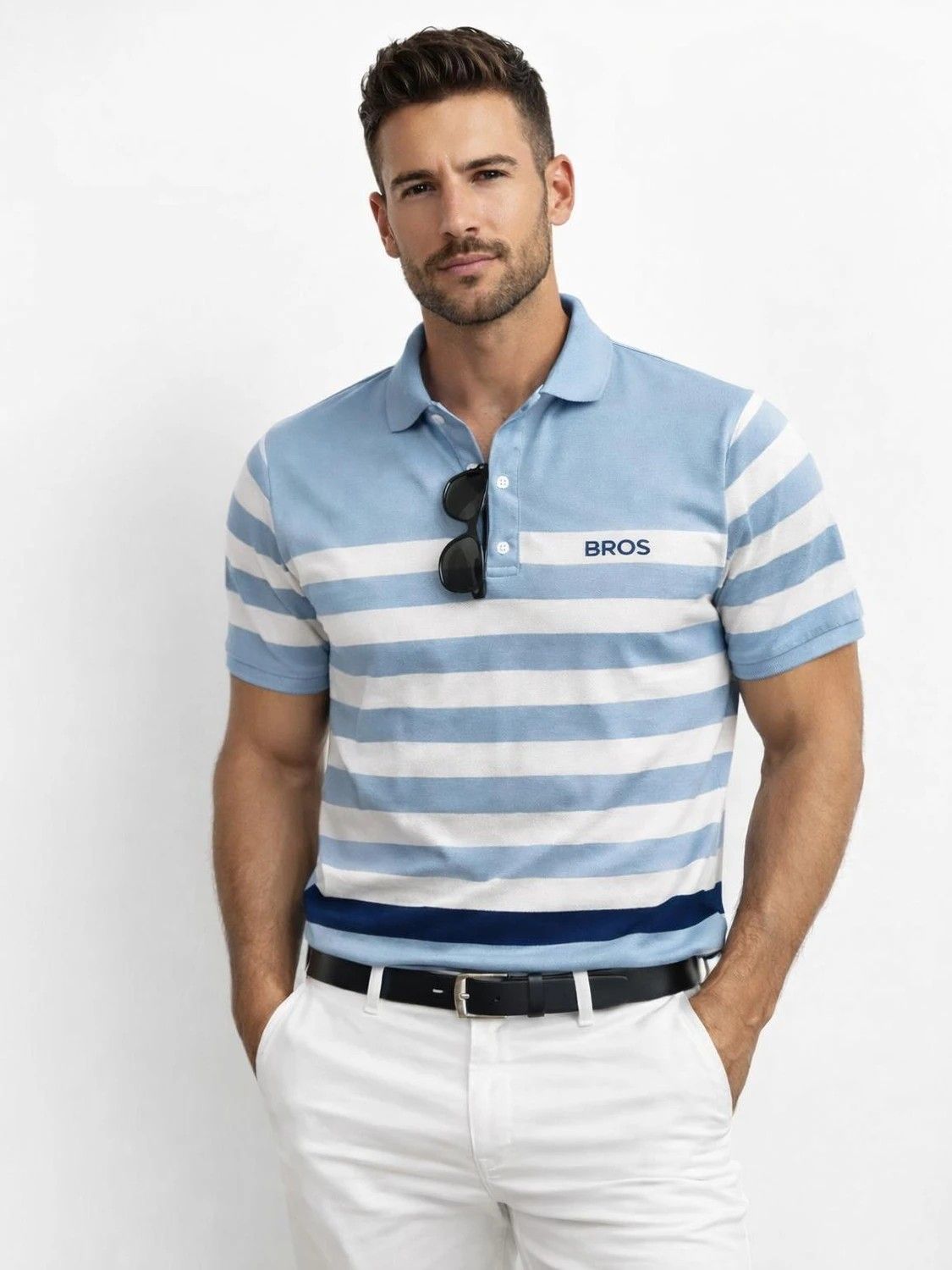 3BROS Men Striped Polo Neck Cotton Blend Blue T-Shirt