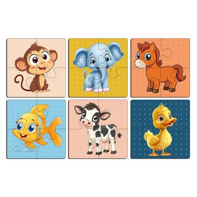 Wooden Jigsaw Puzzle Set of 6 | 4 Pieces Each | Animal Jungle Theme | Learning Toy | Age 2-5