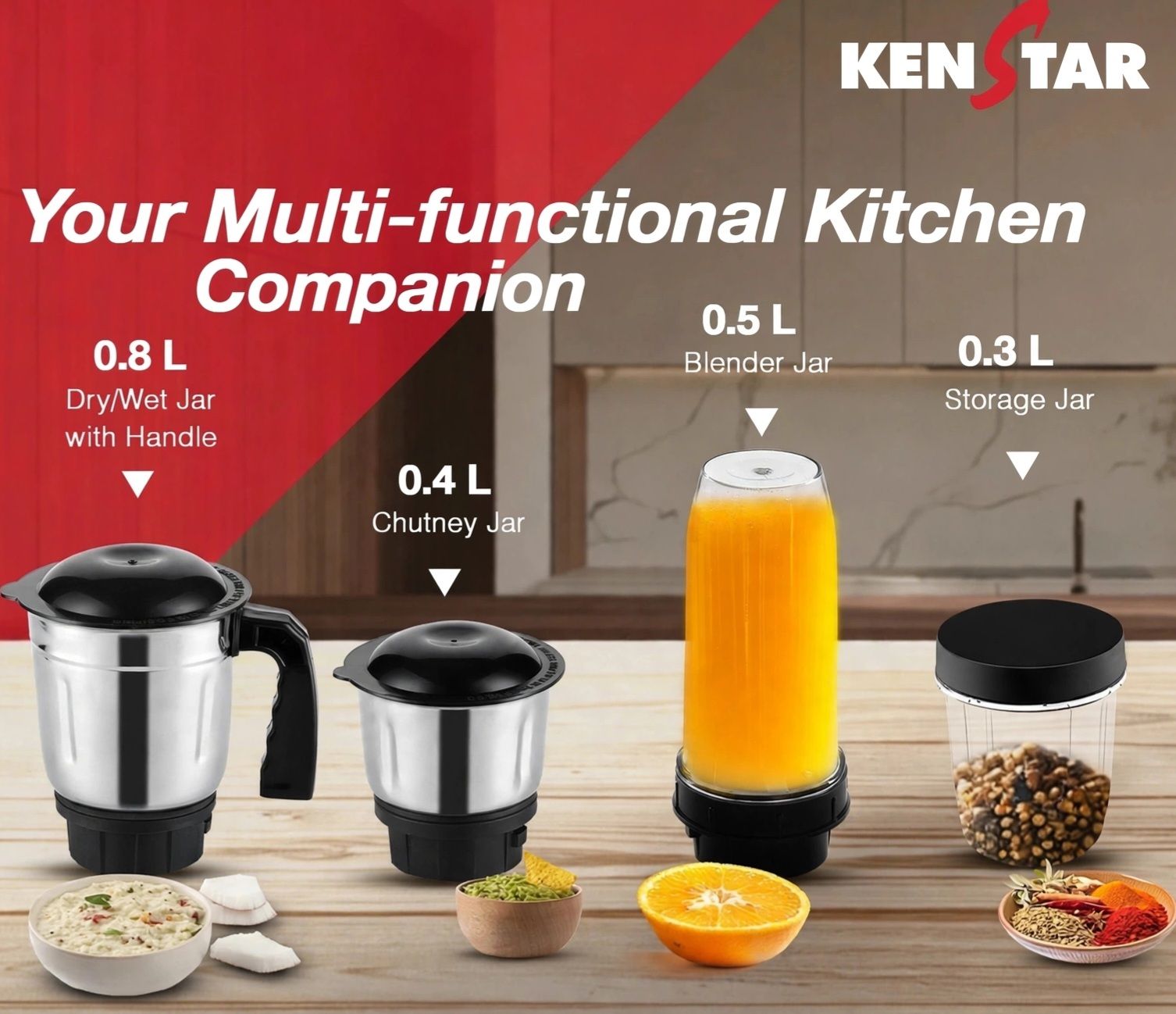 black Kenstar Slender 500 W (mixer, grinder, blender, storage jar) total 4 jars
