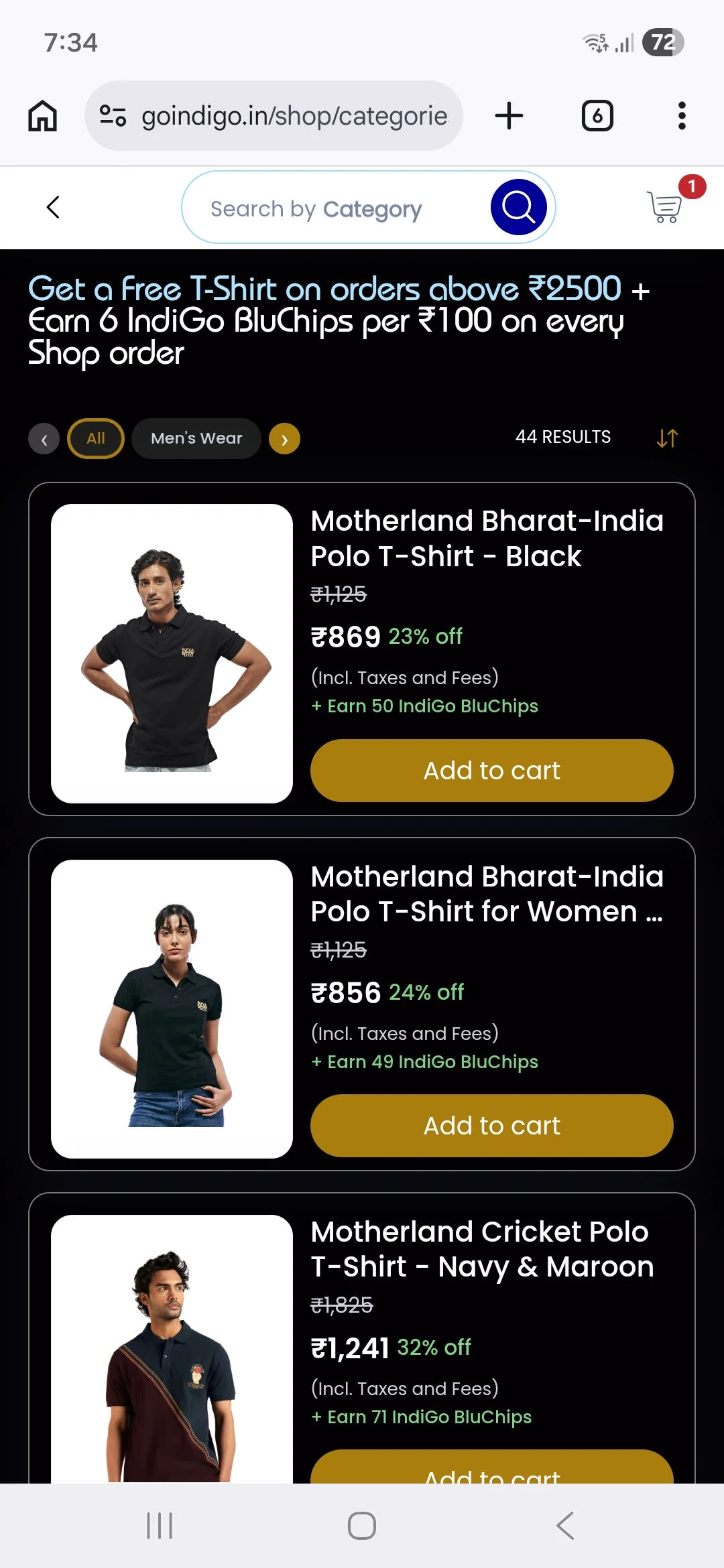 Free T-Shirt on orders above ₹2500 on clothing at IndiGo Shop