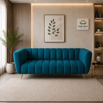 Kiki Modern 3-Seater Velvet Sofa (Blue) - Channel-Tufted Upholstered Couch with Metal Legs for Living Room, Office & Home Décor