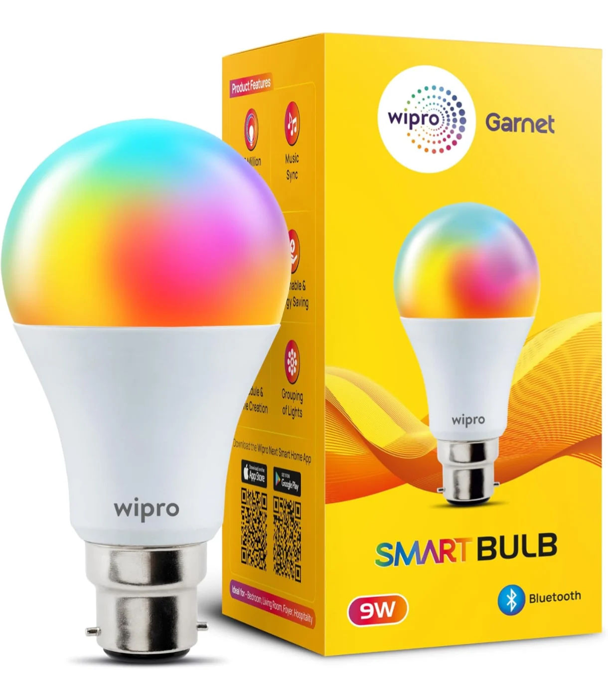 wipro 9W Bluetooth Enabled Smart Bulb B22 | 16 million Colours | White Tunable (Warm, Neutral & Cool White) | Dimmable | App-Control | Music Sync | Schedule & Scenes | Pack of 1