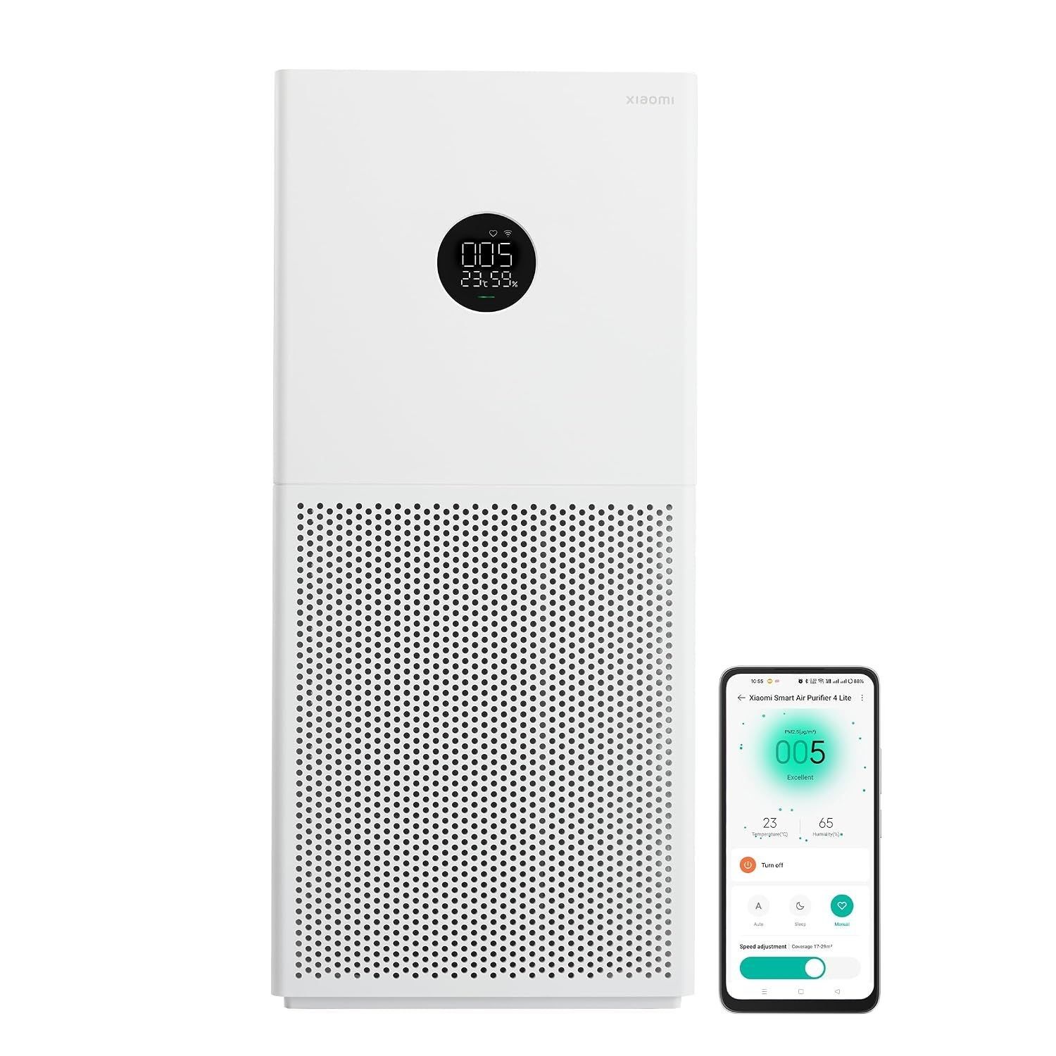 iaomi Air Purifier 4 Lite|160 Sq.ft. in 6 mins|3Stage HighEfficiencyFilter| laser sensor|AQI Monitor|360 m3/hr CADR covers 640 sq.ft.|App+Voice control|Realtime filter usage|1yr replacement warranty