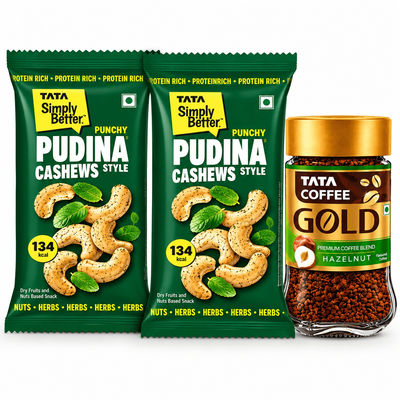 Tata Simply Better Snacking Combo Pack Pudina Cashew (23 g x 2) and Tata Coffee Gold Instant Hazelnut Coffee (50 g)