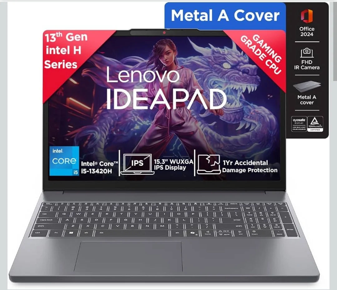 Lenovo IdeaPad Slim 3 13th Gen, Intel Core i5-13420H, 16GB RAM, 512GB SSD, WUXGA, 15.3 inch (38.8cm), Windows 11, Office 2024, Luna Grey, 1.6Kg, 83K101JEIN, Top Metal Cover, Backlit KB, IPS, Laptop