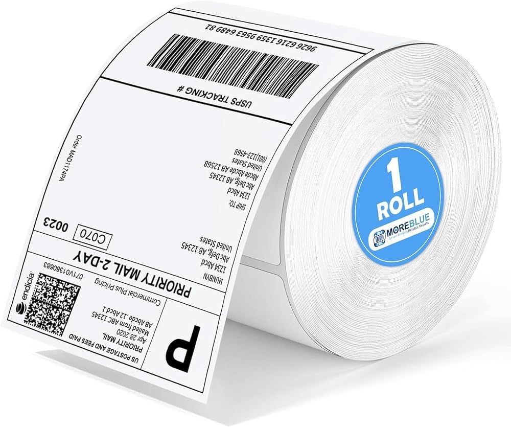 MOREBLUE® 4x6 Direct Thermal Label 70gsm (400 Labels Roll), Premium Self-Adhesive Strong Sticky Labels, Jam-Free Smudge-Proof Thermal Printer Labels for Courier & Online Sellers 1Roll