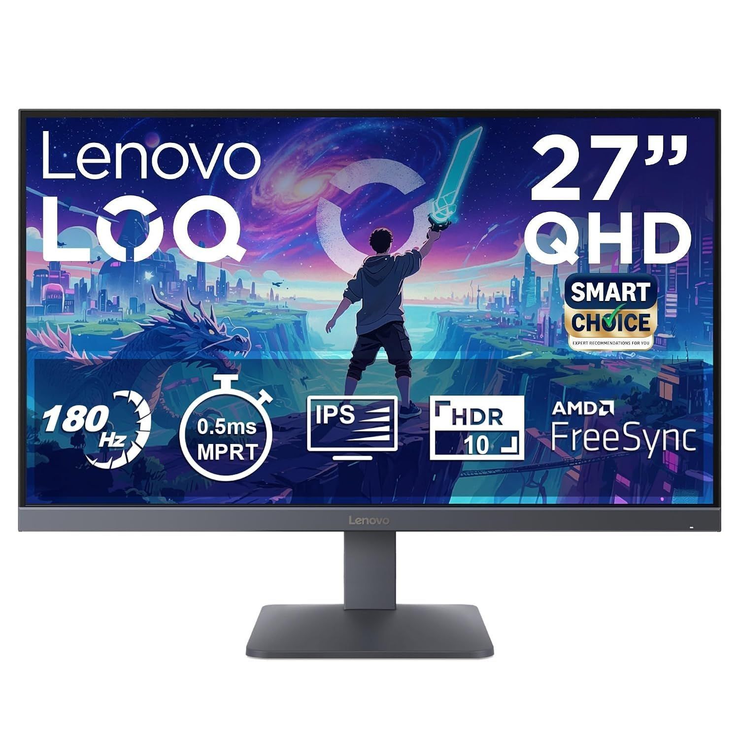 Lenovo LOQ 27Q-10 (Smartchoice) | 27" (68.5cm) QHD (2560x1440) IPS 180Hz Gaming Monitor | 0.5ms, HDR10 Compliance, AMD FreeSync, 99% sRGB, 2xHDMI 2.1 TMDS, 1xDP 1.4| Tilt | Lunar Grey | 68F3GACBIN