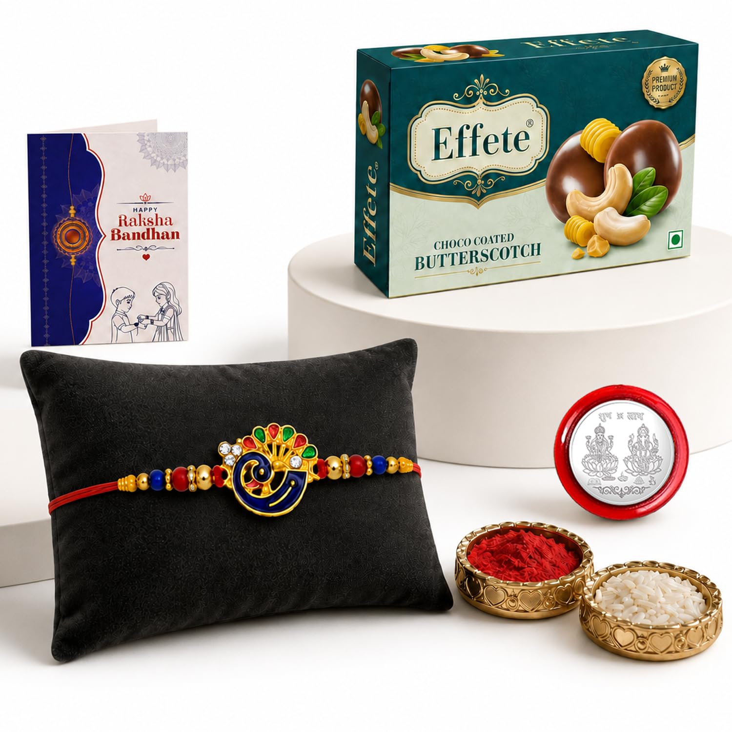 Raksha Bandhan Gift Set | Designer Rakhi, Effete Chocolates & Silver Coin
