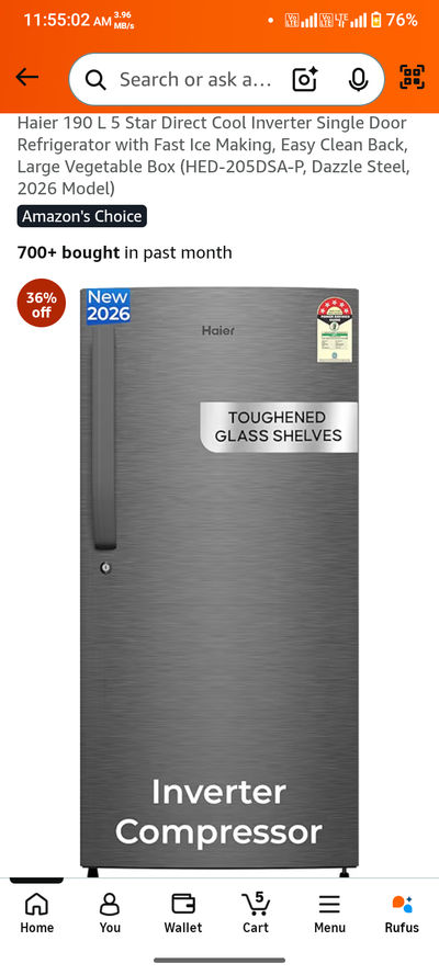 Haier 190L 5 Star Direct Cool Inverter Refrigerator @13,840
