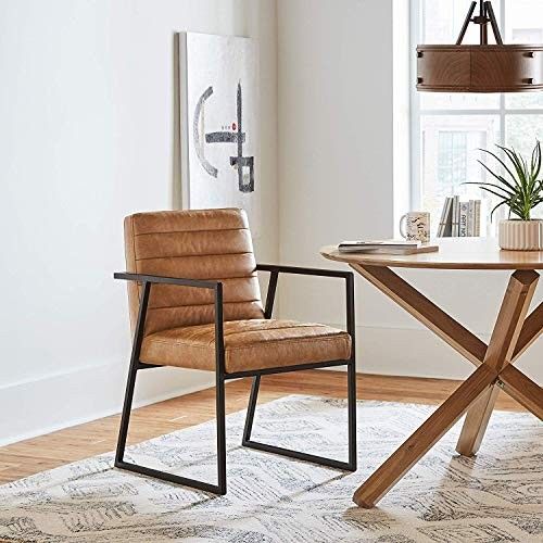 APRODZ Mid Century Modern Dining Chair with Arms Faux Leather Upholstered Dining Table Chair with Metal Frame Kitchen Armchair Premium Look for Dining Room Living Room (Brown & Black)