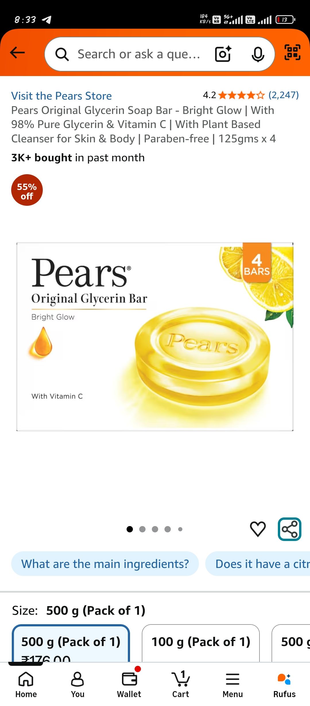 4 set of Pears soap @159+ extra discount on cc