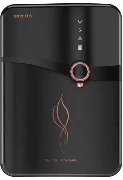 HAVELLS Delite Kop'ere 6.5 L RO + UV Water Purifier Stainless Steel Tank,Copper+Zinc+Minerals| Suitable for all - Borewell, Tanker, Municipality Water (Black)