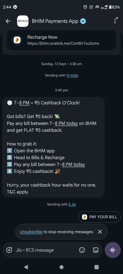 BHIM Rs. 5 Flat Cashback any bill payment 7-8 PM