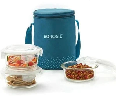 BOROSIL Teal Lunch Box with Bag, 3 Pc (400 ml x 3 Round), Glass O...more
