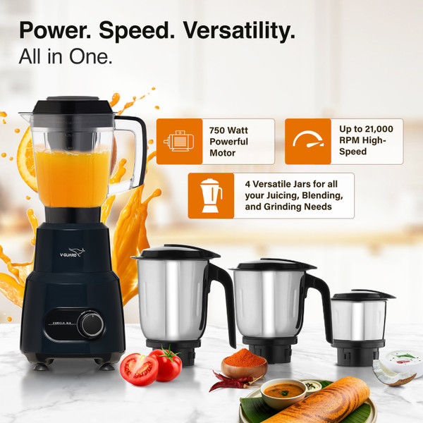 V-Guard Ocean Blue Precia NX 750 W 4 Jar Mixer Grinder with 3 years warranty on the motor
