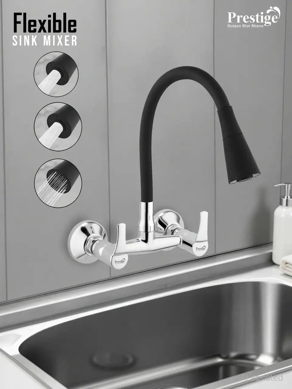 Prestige Step Brass Sink Mixer with Dual Flow Flexible Swivel Spout, Kitchen Mixer Faucet (Wall Mount Installation Type)