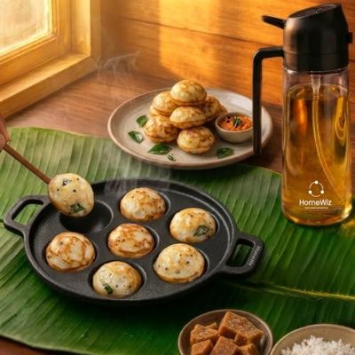 HomeWiz Cast Iron Appe Pan 7 Cavity 18 cm | Free Oil Dispenser 500ml