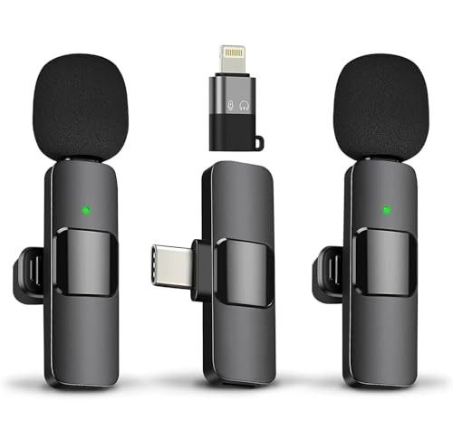 TECHNOVIEW Wireless Microphone Lavalier Lapel Microphone for Android,iPhone - Cordless Omnidirectional Condenser Recording Mic for Interview,Youtubers,Video Recording, Live Streaming(Dual-Black)