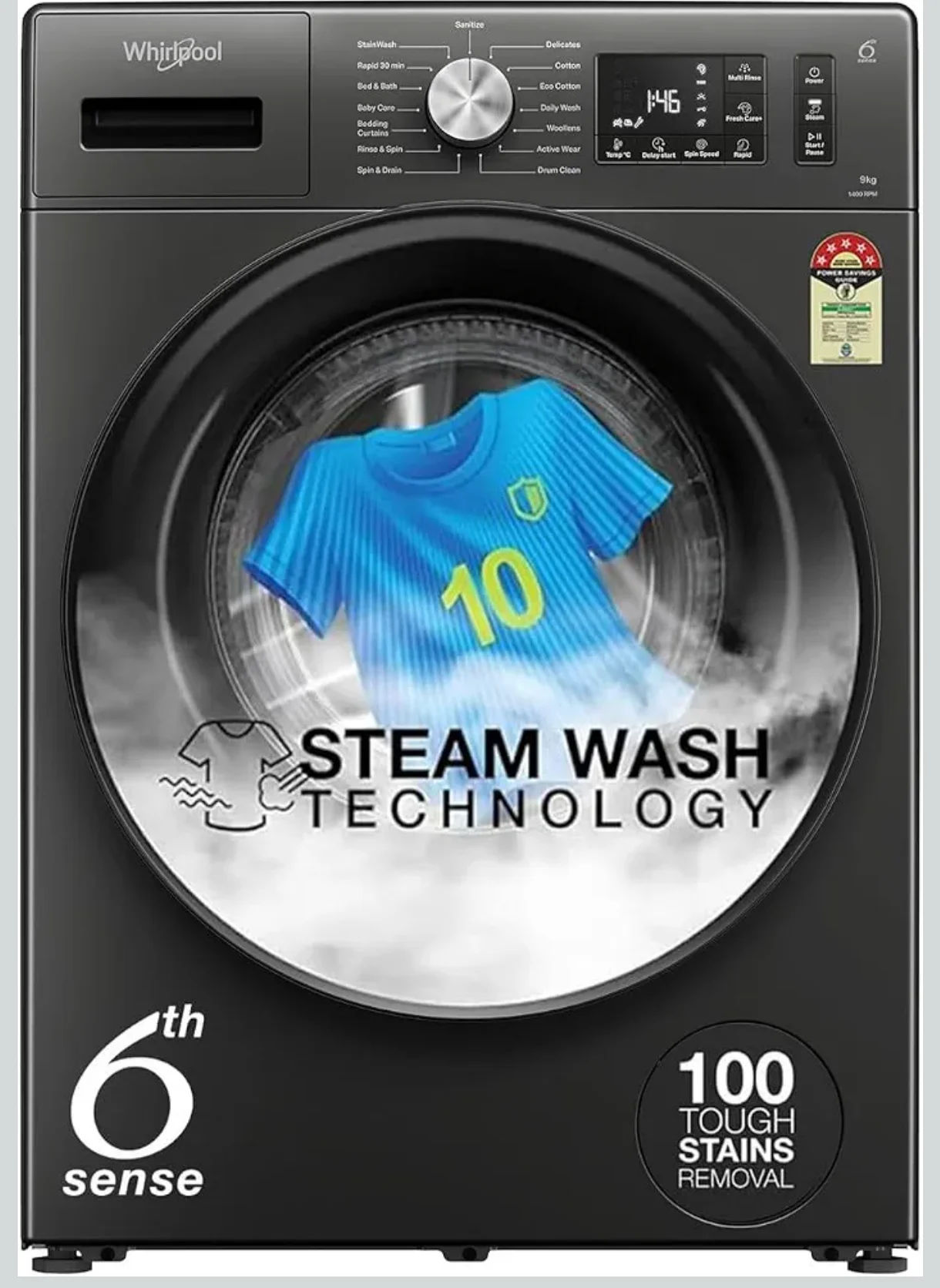 Whirlpool 9 Kg Steam Wash Technology 5 Star Inverter Front Load Fully Automatic Washing Machine with In-Built Heater (SUPREME CARE 9014-E, Midnight Grey, 100+ Tough Stains, 1400 RPM)
