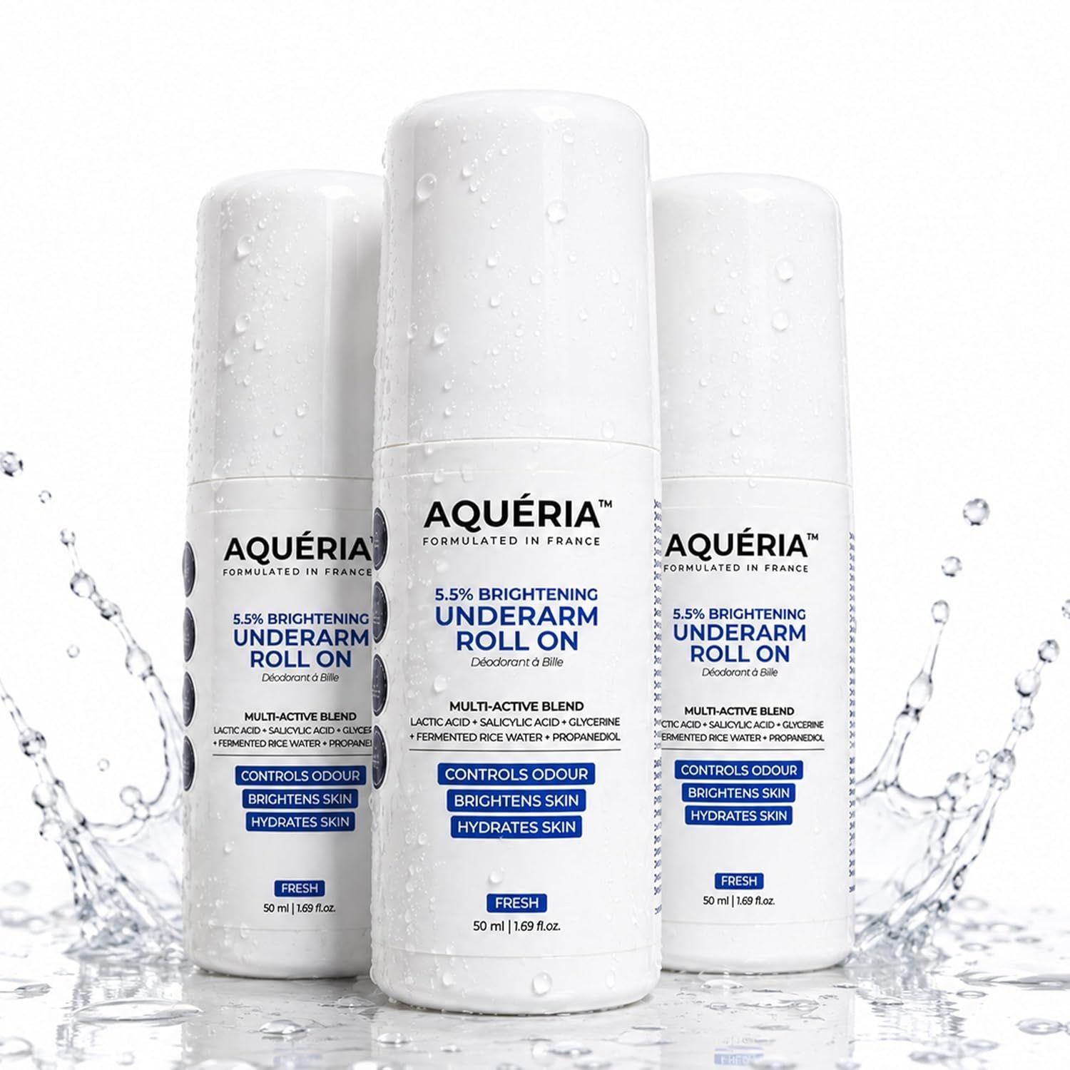 Aqueria Pack of 3 Underarm Brightening Roll-On for Men & Women | Lactic Acid, Fermented Rice Water & Glycerine | Helps Reduce Dark Underarms, Pigmentation & Uneven Skin Tone | Controls Body Odour | Fresh Fragrance | (5