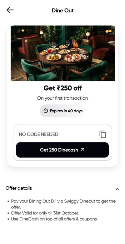 GET FREE 250 SWIGGY DINECASH