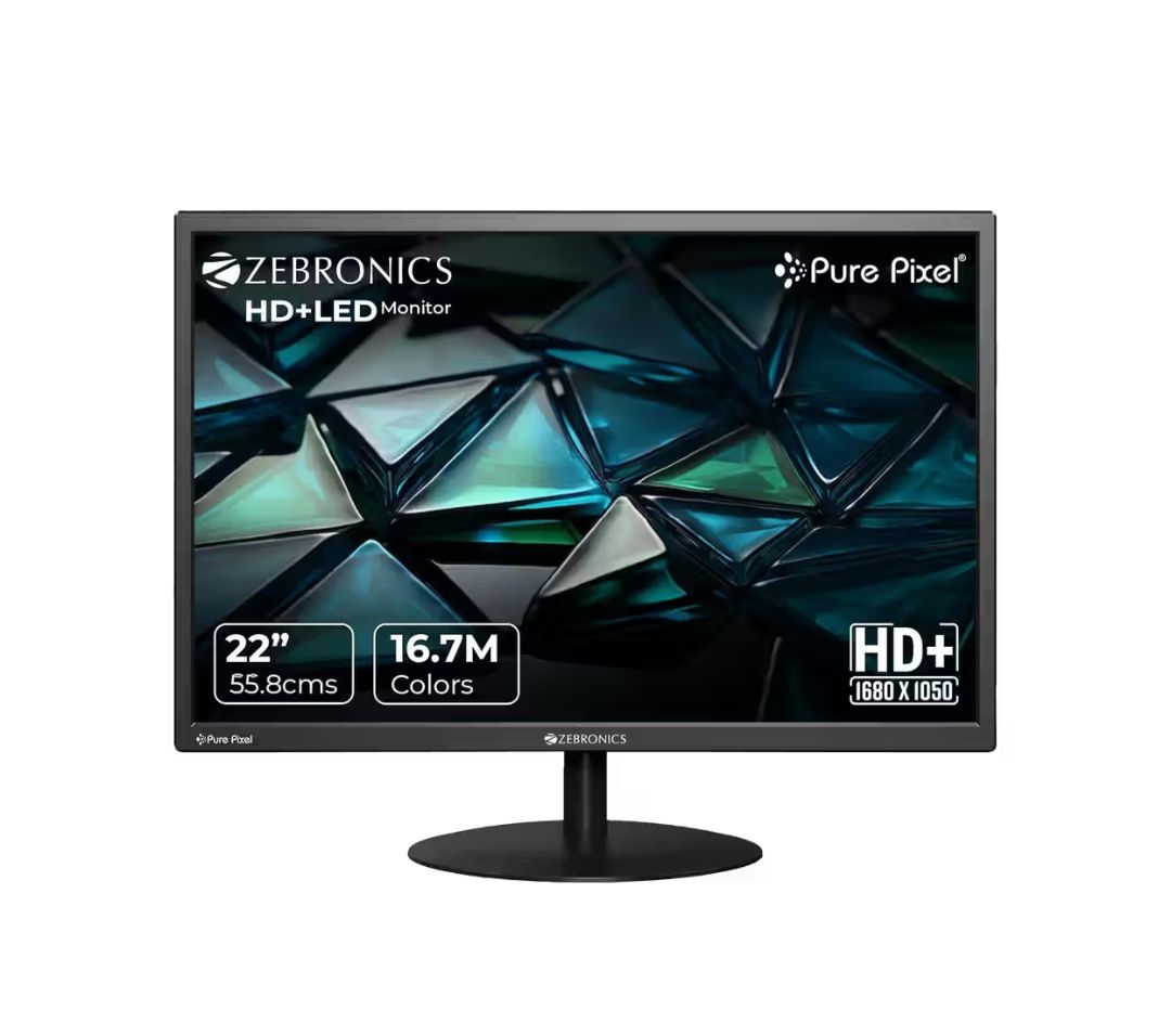 Zebronics Zeb-V22HD | 22" LED Monitor | 16:10 Aspect Ratio | HD+ (1680 x 1050) | HDMI & VGA Port | Desk & Wall Mount | Black on Instamart:
