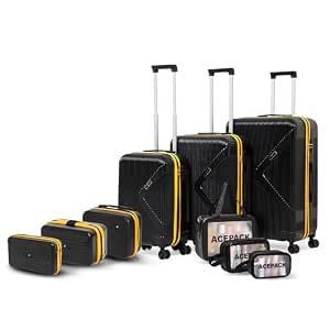 ACEPACK - Brampton - Family Set of 9 Pcs - Set of 3 Suitcase (S+M+L) + 3 Pcs Vanity Cases (8"+10"+13") + 3 Waterproof Organisers, PC Hard Shell with 360° Spinner Wheel, Number Lock, 3 Years Warranty