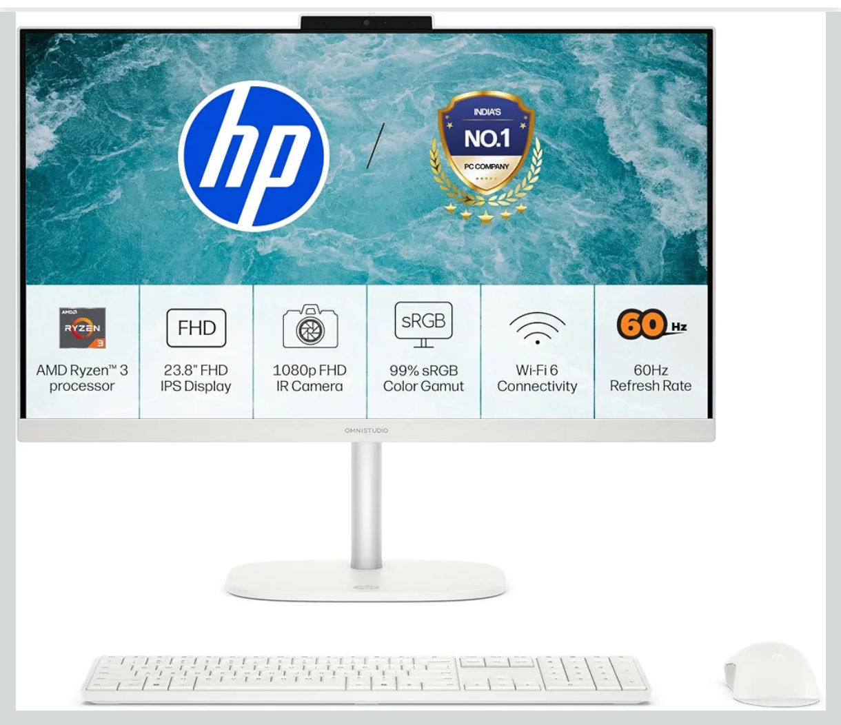 HP OmniStudio All-in-One, AMD Ryzen 3 30, 8GB LPDDR5x, 512GB SSD, FHD, 23.8''(60.5cm), Win 11, Office 24, Cashmere White, 4.61kg, cv0020in, Dual 2 W Speakers, FHD IR Camera, Anti-Glare, Desktop