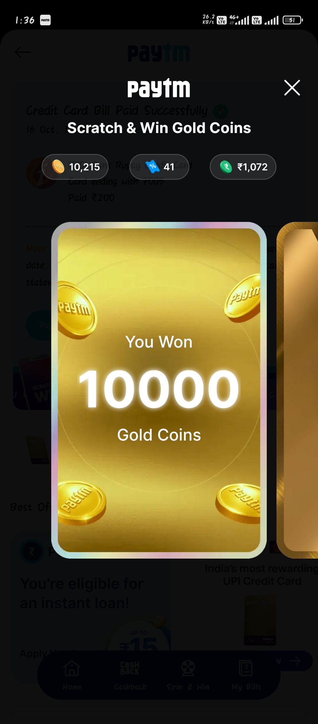 Paytm:Pay bill 3 different category to get 100cb/10000goldcoin