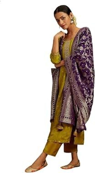 Libas Women's Bright Yellow Silk Blend Embroidered Kurta Set with Embellished Dupatta
