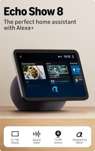 Amazon Echo Show 8, vibrant 8.7" HD display with Alexa+, spatial audio, new sleek design, smart home controls, 2x bass speaker, 13 MP camera, bluetooth, Graphite