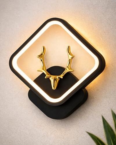 Homesake® LED Wall Lamp for Living Room Bedroom, Modern Golden Deer Decorative Wall Light, Warm White Indoor Designer Home Decor Light, Stag Face, Square Frame, (Black, Square)