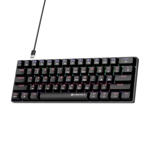 Zebronics Mechanical Keyboard, Silent Linear Red Switches, 61 Keys Layout, 26 Key Anti Ghosting, Double Shot Keycaps, 17 LED Modes, Media Controls, 1.5m Cable (Max Ninja 61, Black)