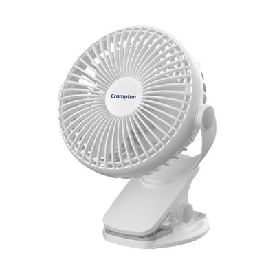Crompton Siro Rechargeable Clip Fan 100MM | Safety Grill Design | Replaceable Battery (White)